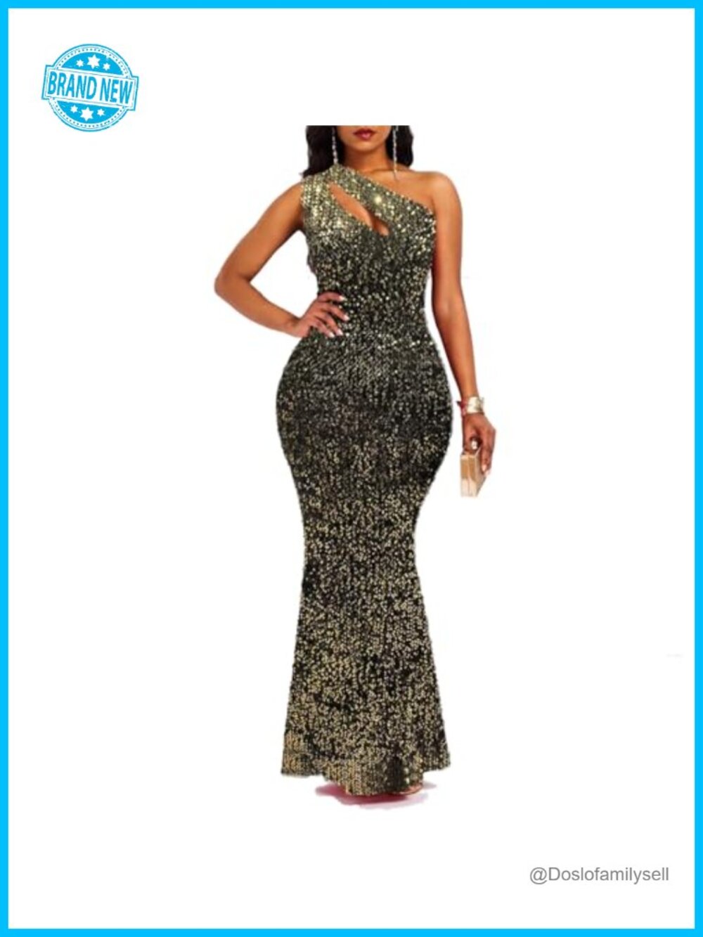 Sequins Sleeveless Oblique Collar Mermaid Maxi Bodycon Party Dress